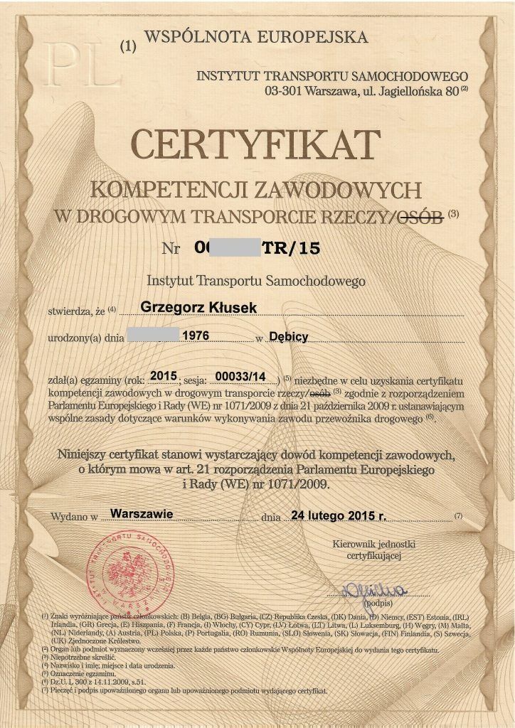 Użyczę Certyfikatu Kompetencji Certyfikat