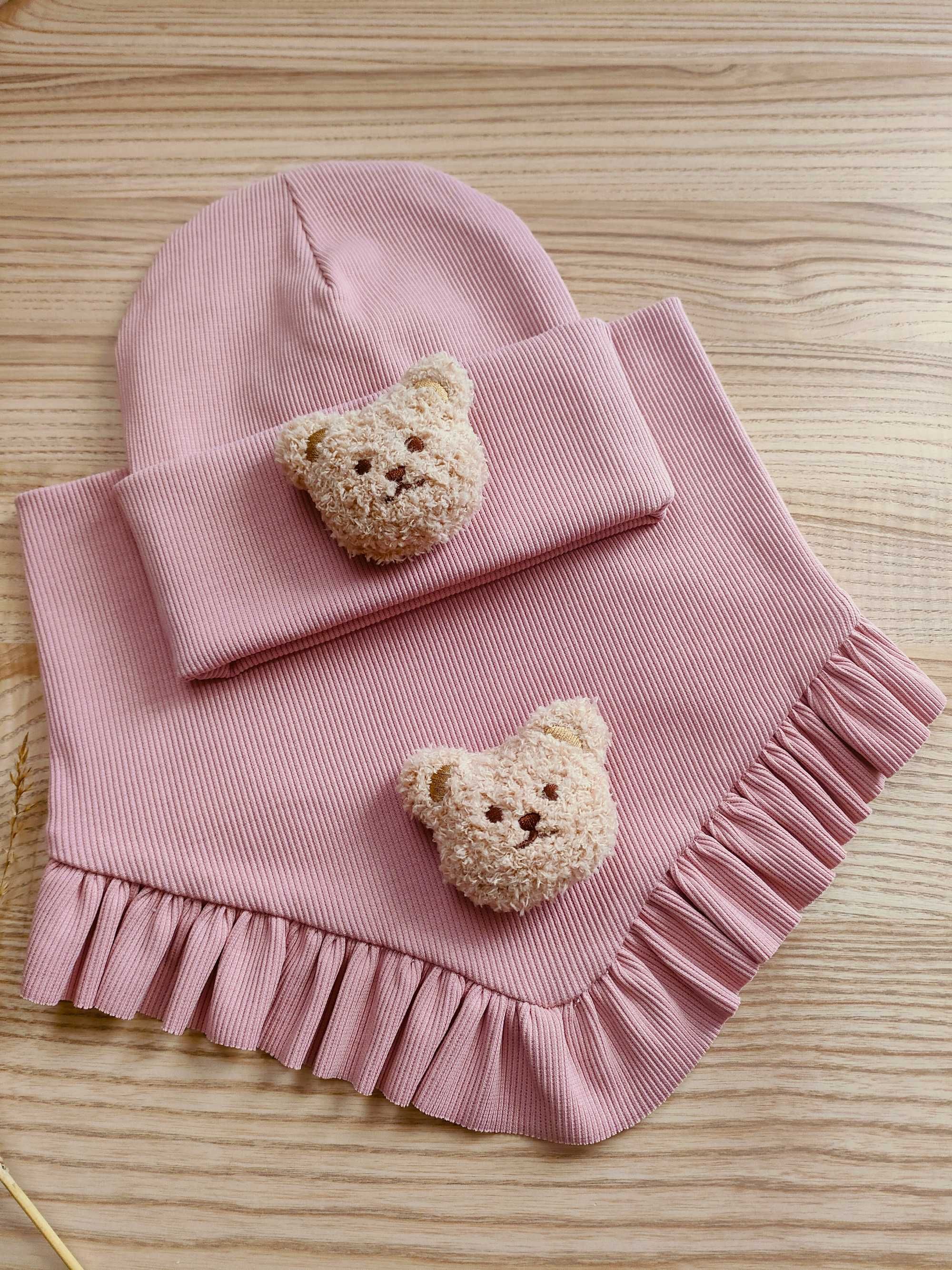 Komplet czapka i chusta, z misiem, Handmade