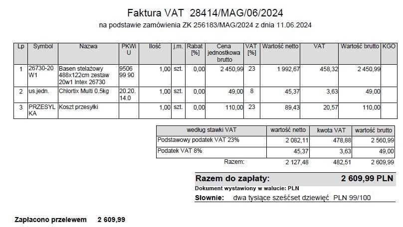 Basen ogrodowy INTEX 488x122cm roczny, zestaw 20w1