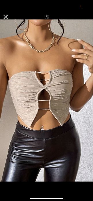 nowy top crop top krótki bandemu z wycięciami z kryształkami