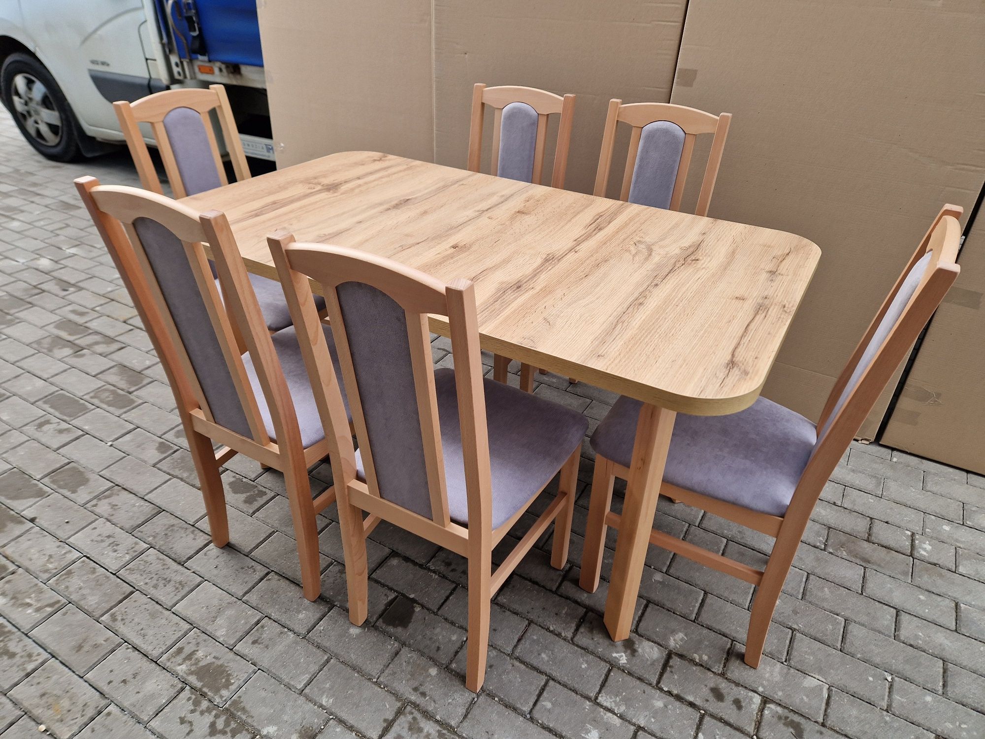 Stół rozkładany i 6 krzeseł, nowe, buk/wotan + szary, dostawa PL