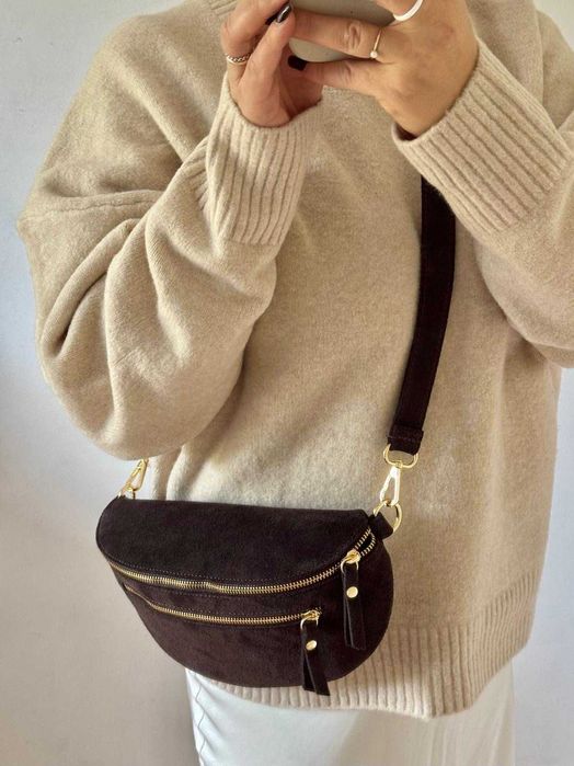 Torebka nerka skóra skórzana brązowa czekoladowa zamszowa viral zamsz