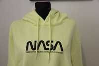 Limonkowa, neonowa bluza z kapturem, nadruki NASA, M