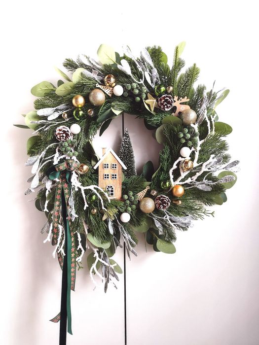 Wianek świąteczny bożonarodzeniowy złoty zielony domek choinka