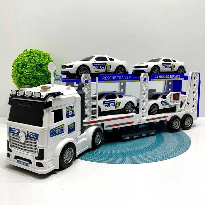 Трейлер Поліцейська вантажівка машинки 4шт звук  Біло-синій (JP588-80)