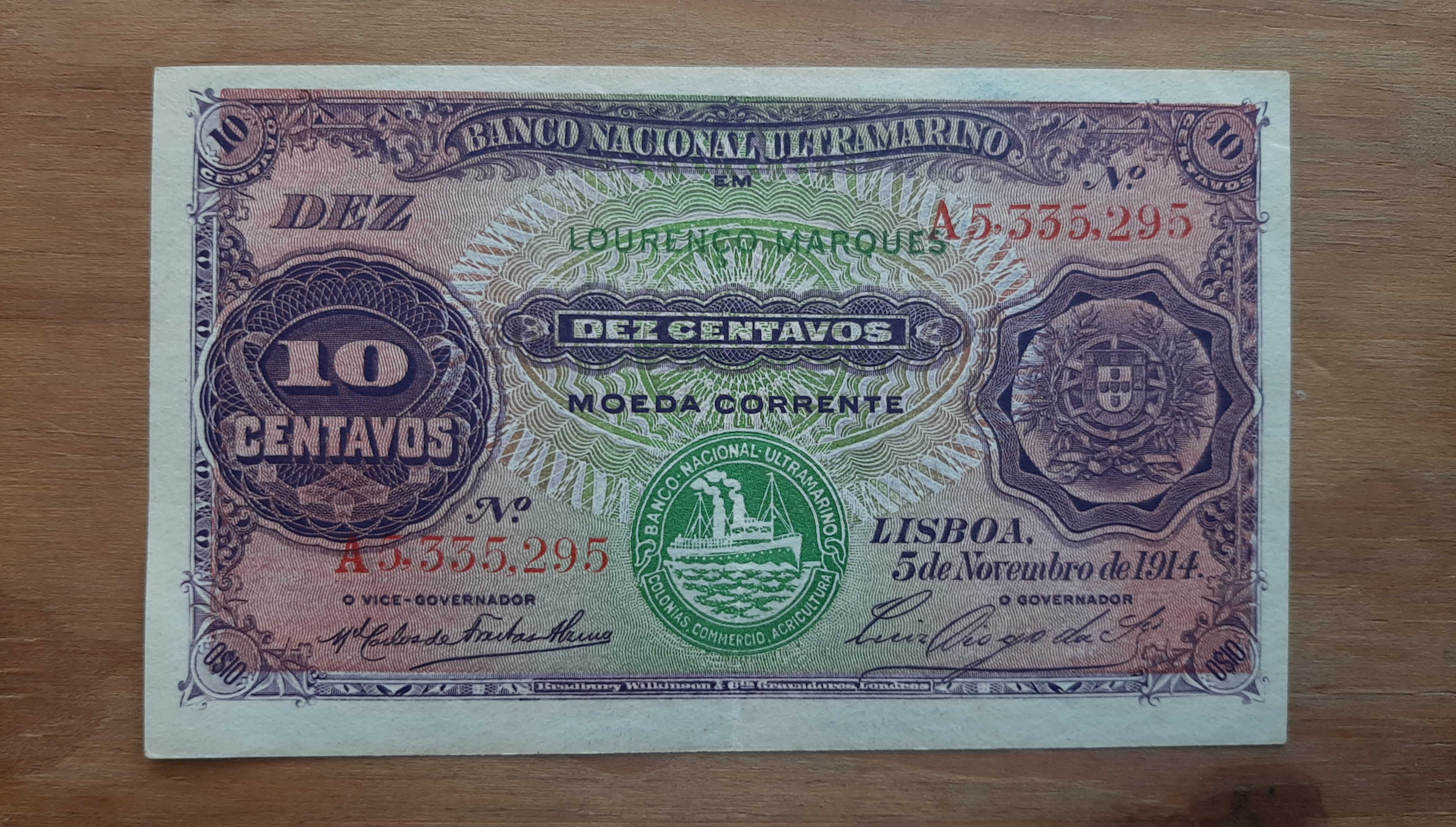 Nota Moçambique 10 Centavos Português 1914 - com 111 anos!