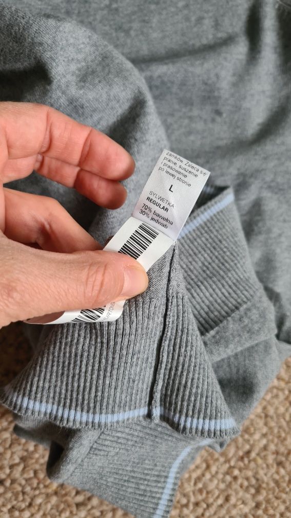 Vistula Lantier sweter bawełna i jedwab szary rozm. L V neck klasyczny