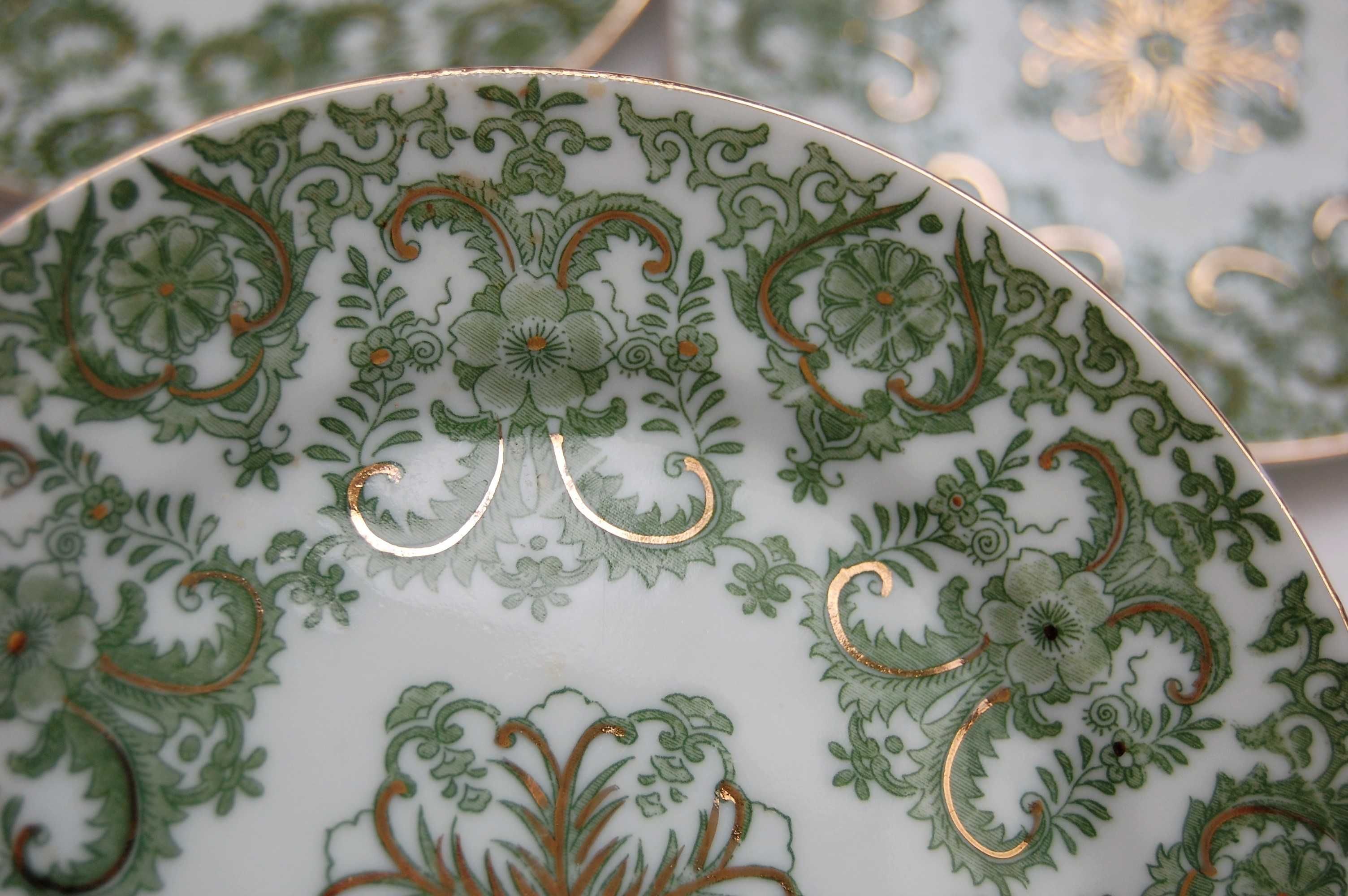 Talerze vintage deserowe zielone chińska porcelana złocenia