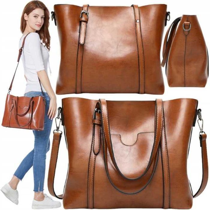 DUŻA Pojemna skórzana Torebka TORBA miejska na ramię Brązowa Okazja!