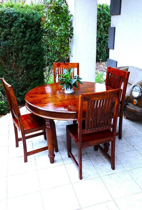 Stół drewniany indyjski - 120 cm + 4 stylowe krzesła - AlmiDecor