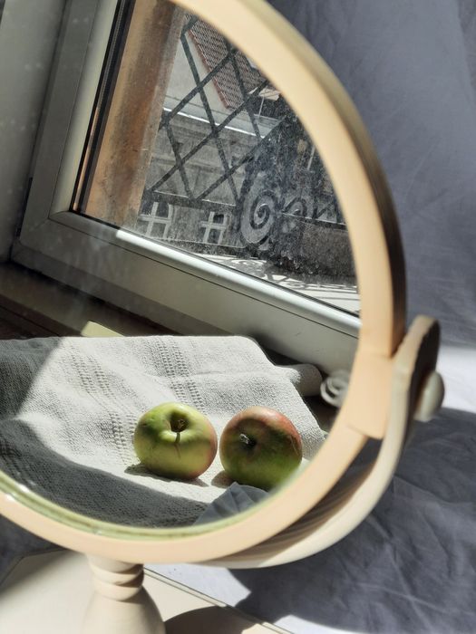 Lustro stojące vintage drewno okrągłe retro unikat białe toaletka