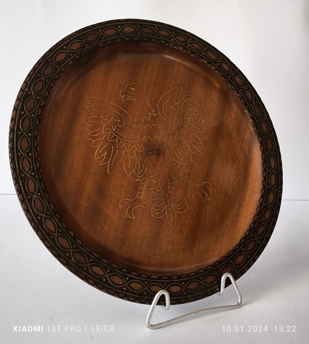 Talerz ozdobny orzeł drewniany rzeźbiony Cepelia rękodzieło  PRL 29 cm
