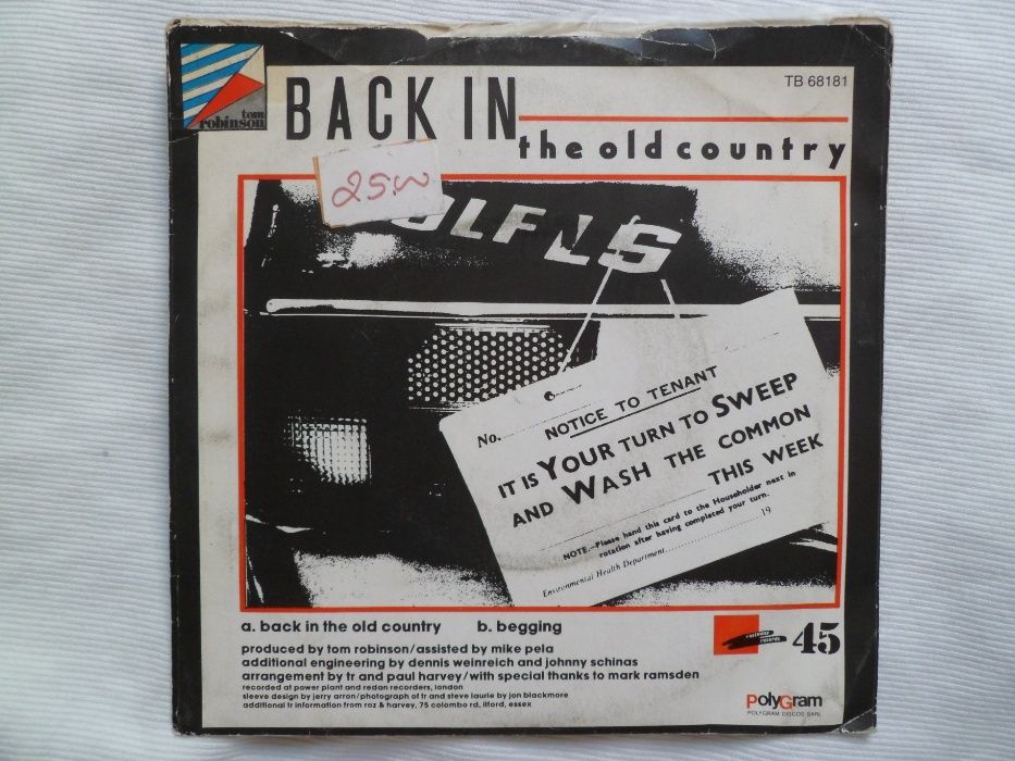 Tom Robinson "Back In The Old Country" 7" single