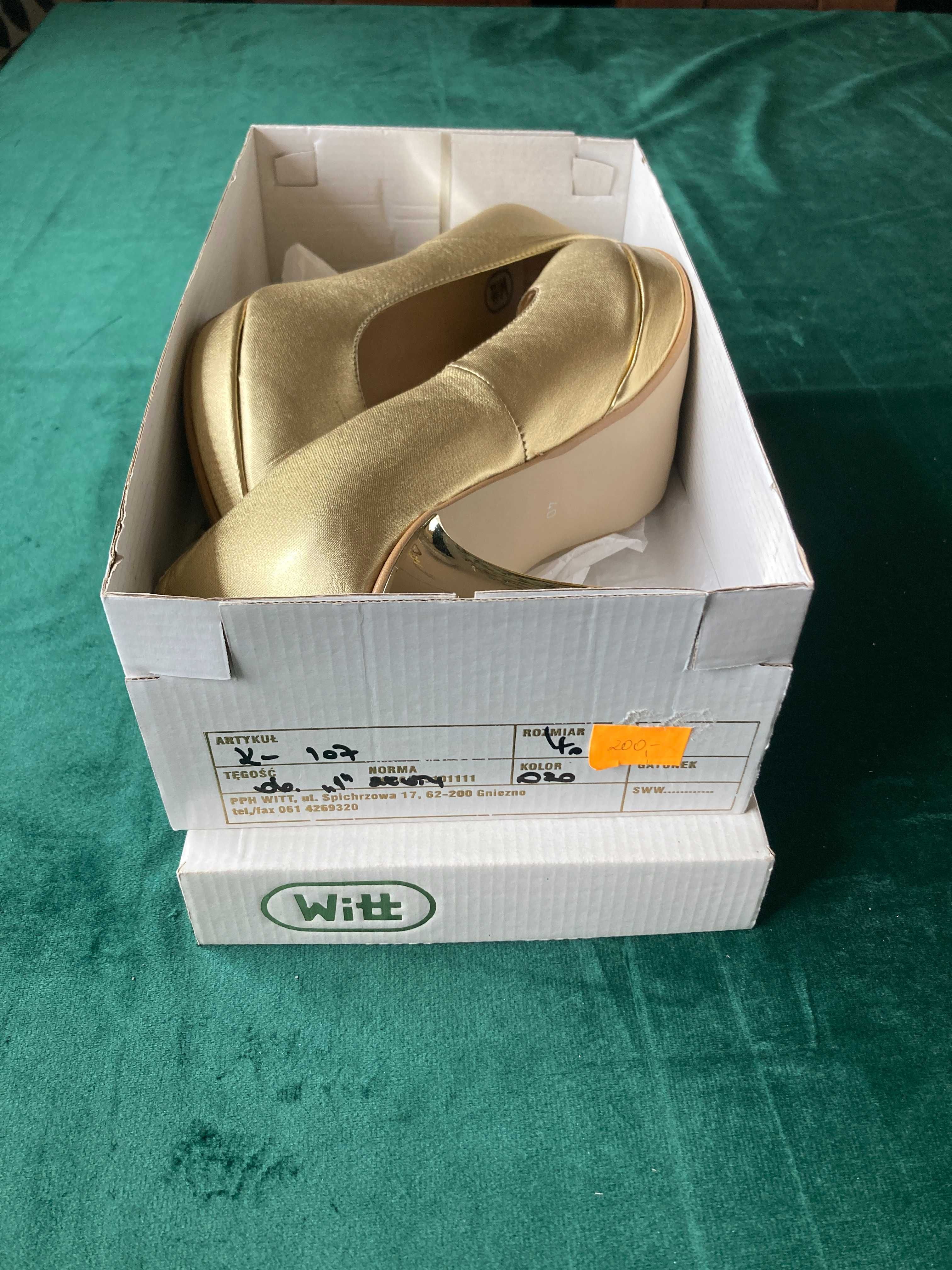 Nowe buty, czółenka złote, obcas lustro, r. 40, wys. 10 cm, wyprzedaż