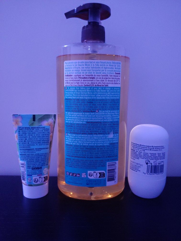 Conjunto Evoluderm Monoi gel duche + creme mãos + deo Byphasse