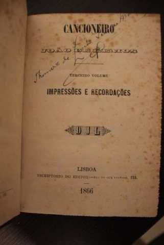 João de Lemos - Cancioneiro de João de Lemos 1859, 1ª ed (+3 ExLibris)