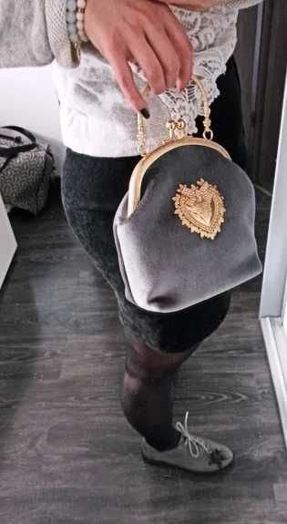 Torebka damska welurowa aksamit na zatrzask elegancka szara.NA WESELE.