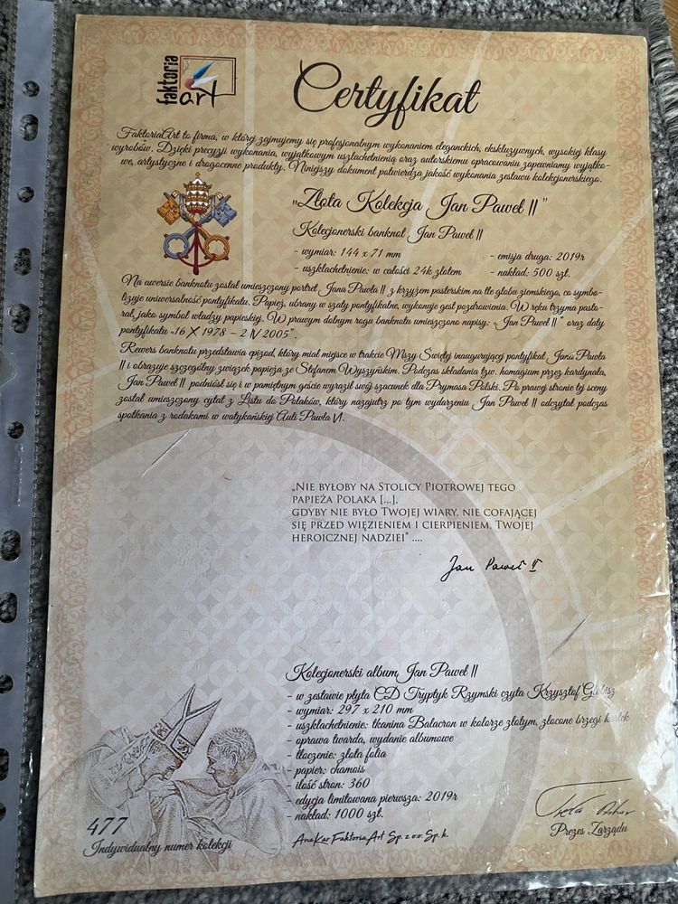 Kolekcjonerski banktnot Jan Paweł II z certyfikatem