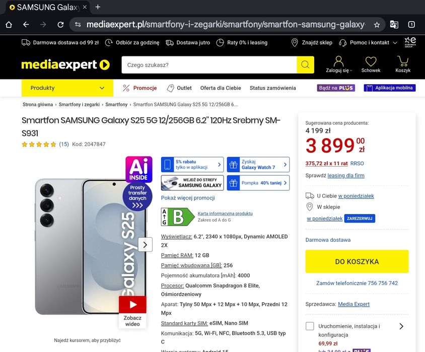 SAMSUNG Galaxy S25 5G 12/256GB 6.2"+etui+matowa folia ochronna