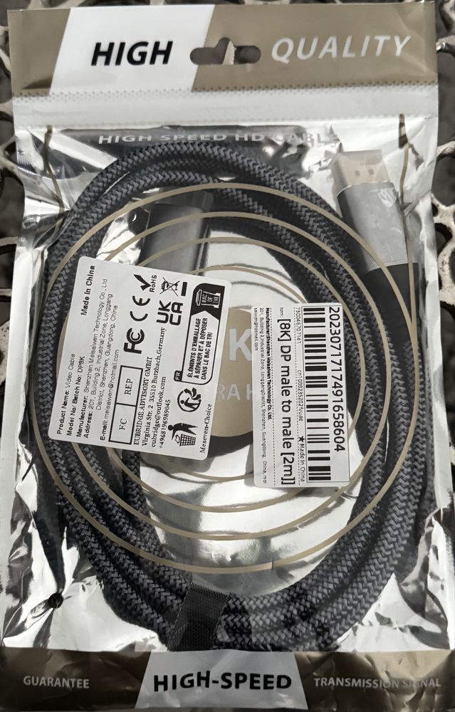 Cabo Display Port 8K de 2 metros