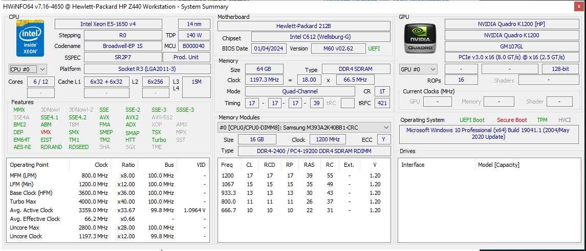 HP Z440 (Intel Xeon E5-1650v4/64Gb/безHDD/K1200 4Gb)