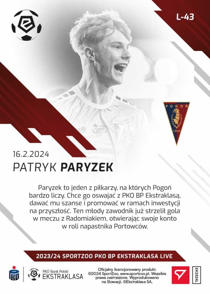 L-43 Patryk Paryzek PKO Ekstraklasa 2023/24 LIVE Pogoń Szczecin KARTA