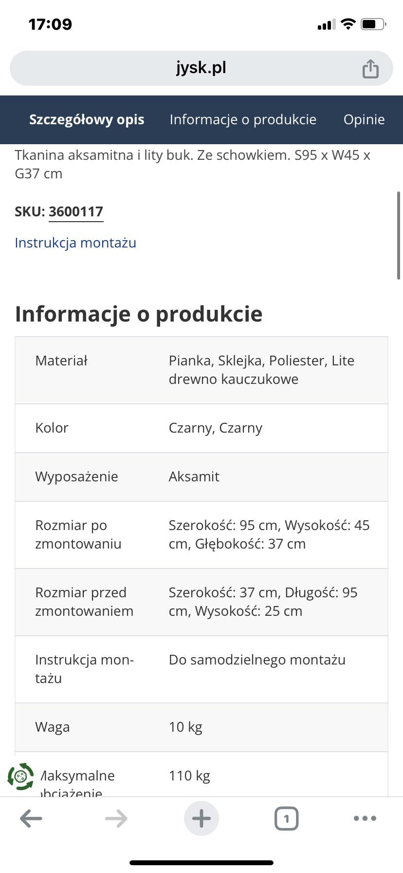 Ławka BADSTED ze schowkiem aksamit czarny