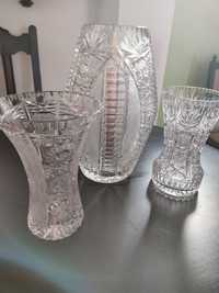 Wazony Wazy wazon waza szklana (kryształ) zestaw trzech PRL
