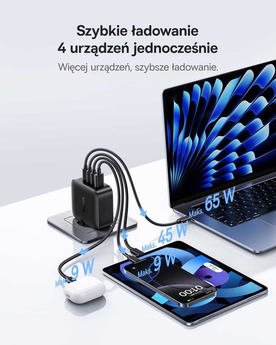 140W! SZYBKA ładowarka Baseus Enerfill 3xUSB C + USB A, PD Z PPS, GaN6