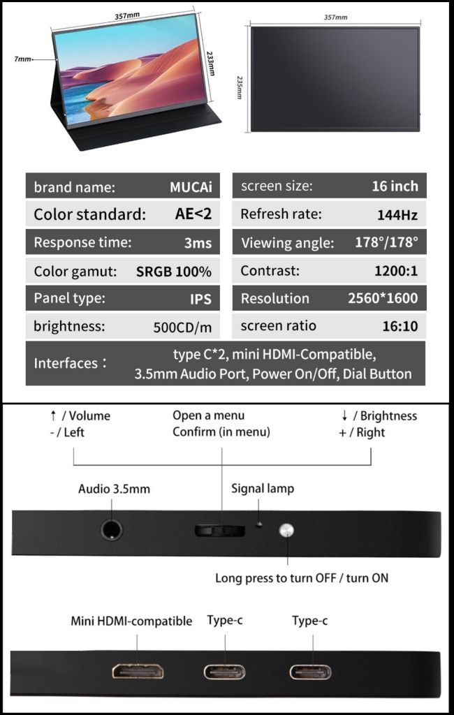 Монитор MUCAI N160 16"/2.5K/144hz ігровий Switch ps4 ps5 Xbox imac Mac