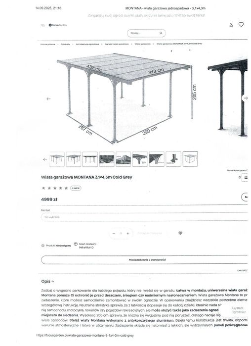 Sprzedam wiatę garażową.