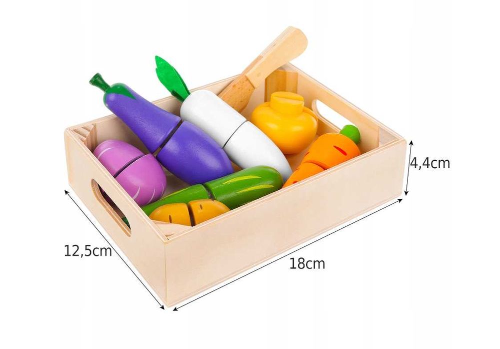 Zestaw drewnianych warzyw do krojenia na rzep w skrzynce