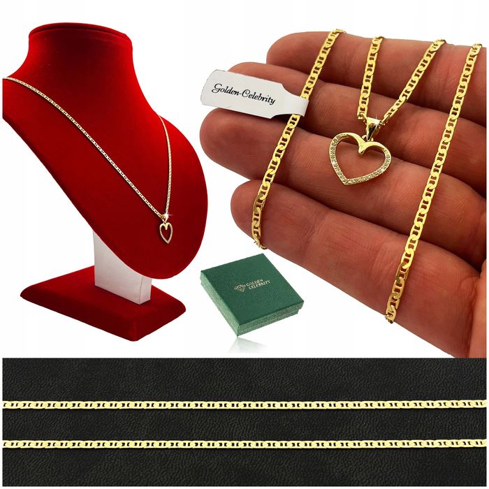 Złoty Łańcuszek Zawieszka Serce Z Cyrkoniami / Długi 55 Cm Splot Gucci