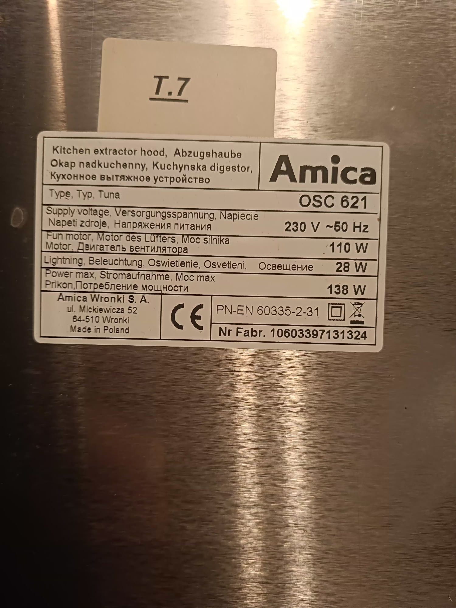 Okap podszafkowy amica OSC621