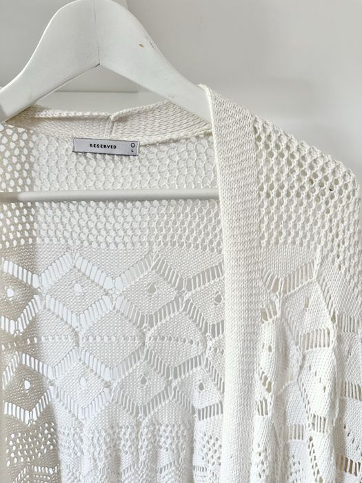 Ażurowa letnia narzutka z frędzlami długa maxi maxi kardigan boho