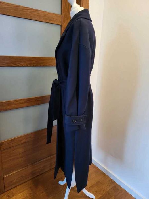 Płaszcz Zara granatowy wełna Manteco wełniany wiązany z paskiem rozm L