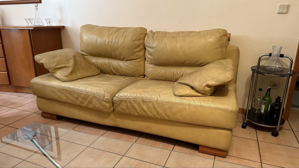 Vendo sofa em pele e madeira maciça