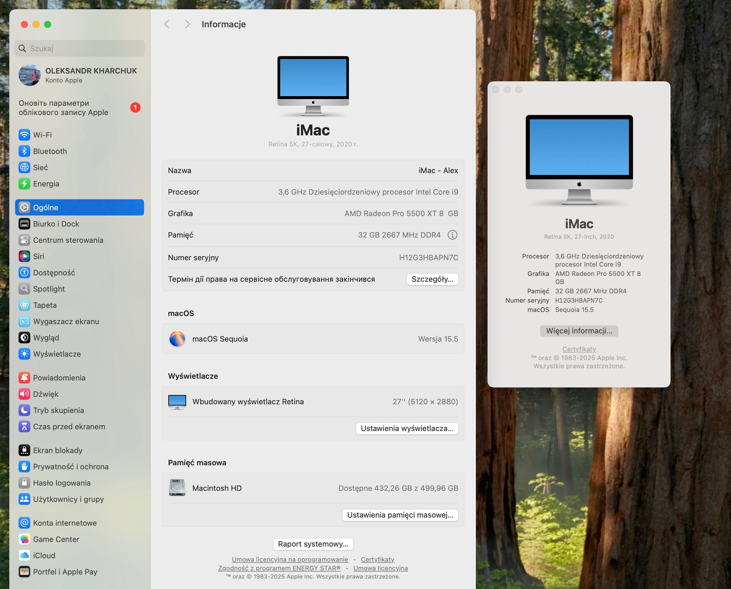 iMac Retina 5K 27” (2020) i9 3,6 GHz (10core) SSD 500TB/ RAM 32GB