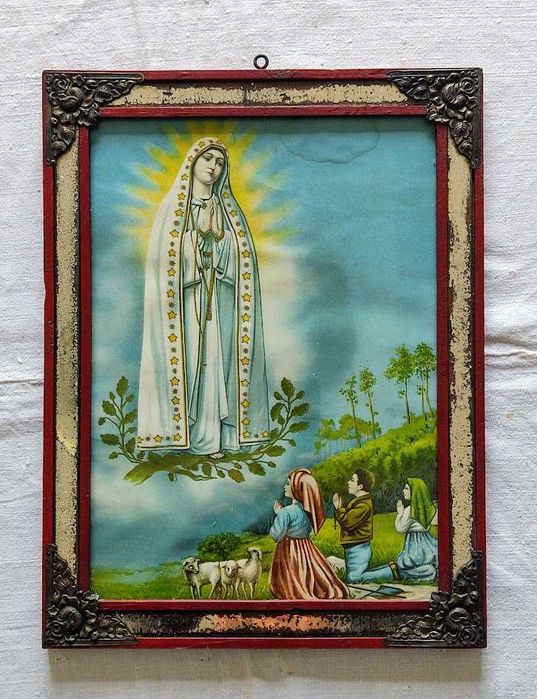 Quadro antigo com imagem Nossa Senhora de Fátima e os Pastorinhos