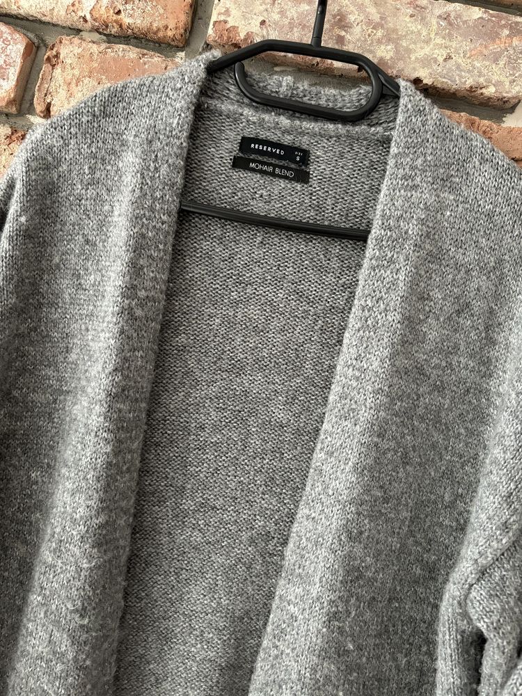 Długi 102cm sweter kardigan z kieszeniami paszki 58x2 moher blend xxl