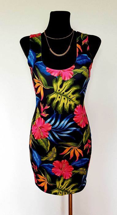 KOLOROWA Sukienka w KWIATY ołówkowa Mini na SZELKACH Xs/S, S/M,  M/L