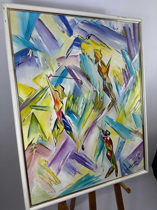 Piękny duży obraz sygnowany abstrakcja ekspresjonizm kubizm M.Troinska