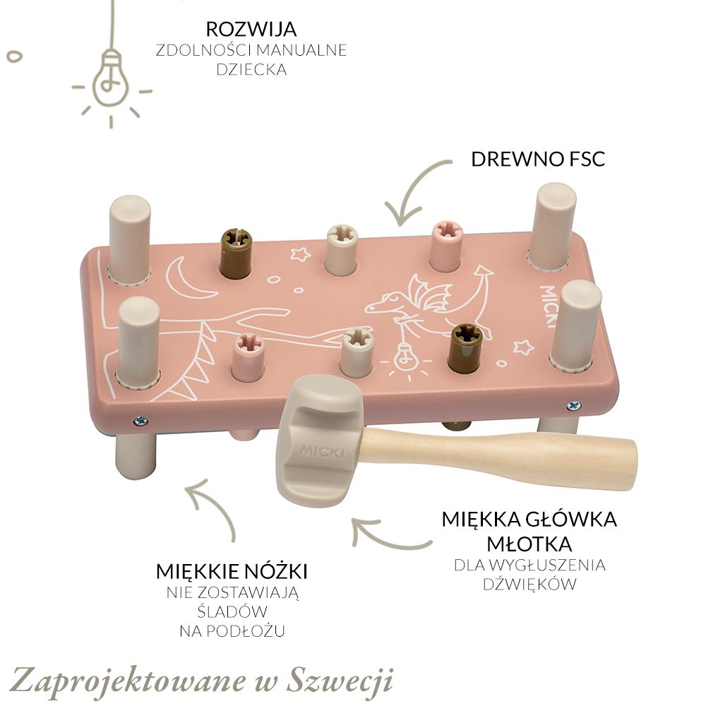 Drewniana przebijanka z gumowym młotkiem różowa, wbijanka,  Micki,