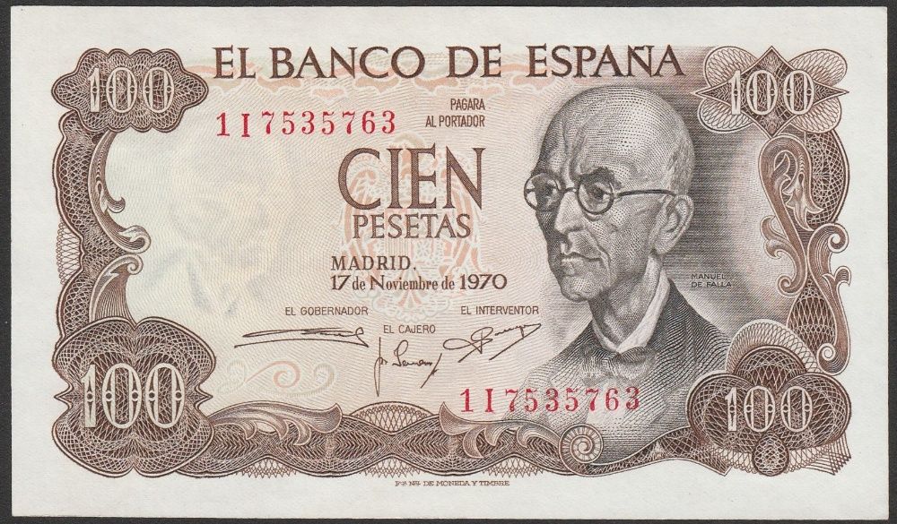 Hiszpania 100 peset 1970 - Manuel de Falla - stan bankowy UNC