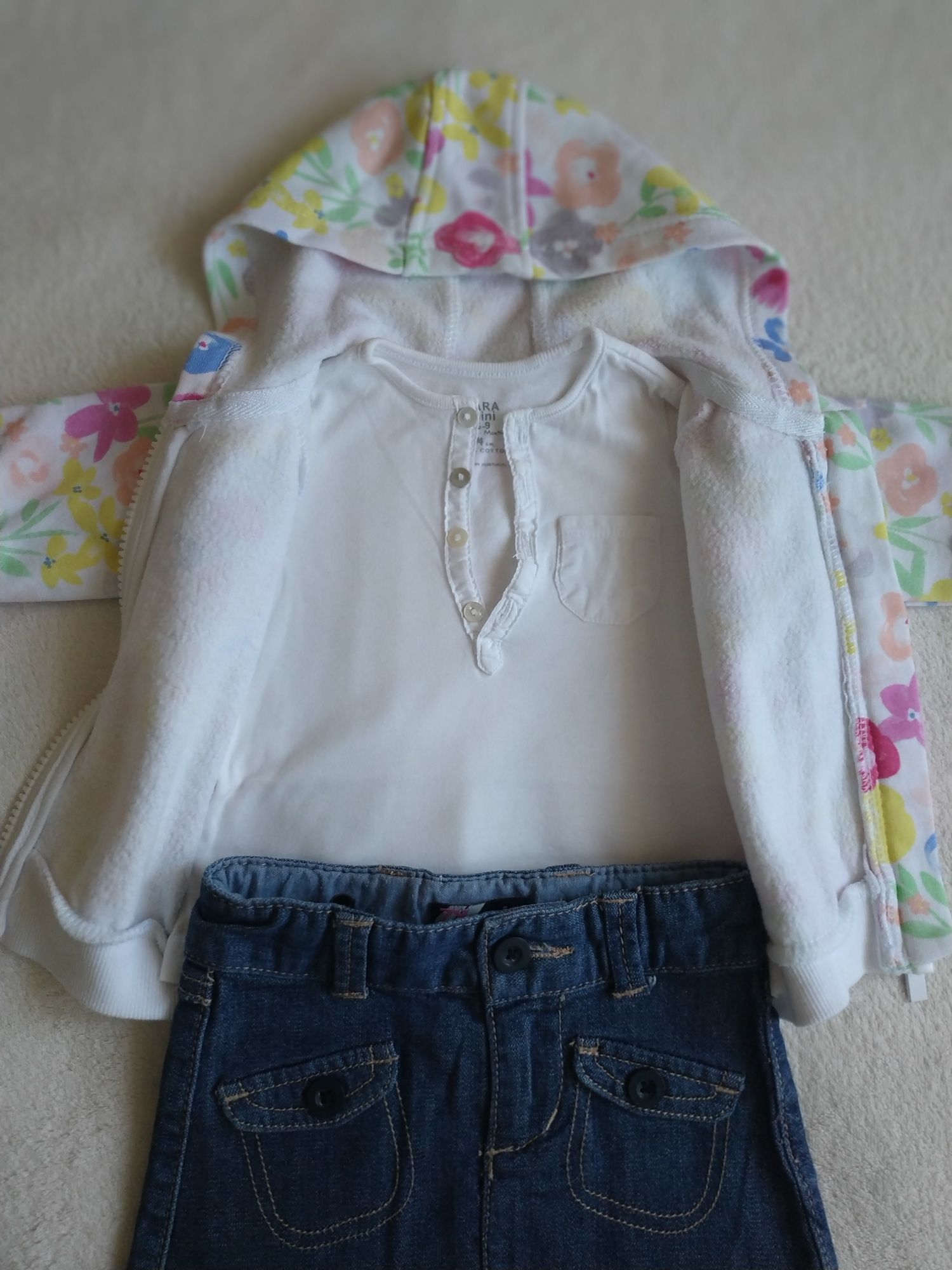 Conjunto bebé menina saia ZY + camisola Zara + casaco Primark 6/9 m