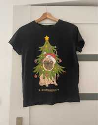 Czarny t-shirt z nadrukiem bluzka świąteczna motyw psa 100% bawełna