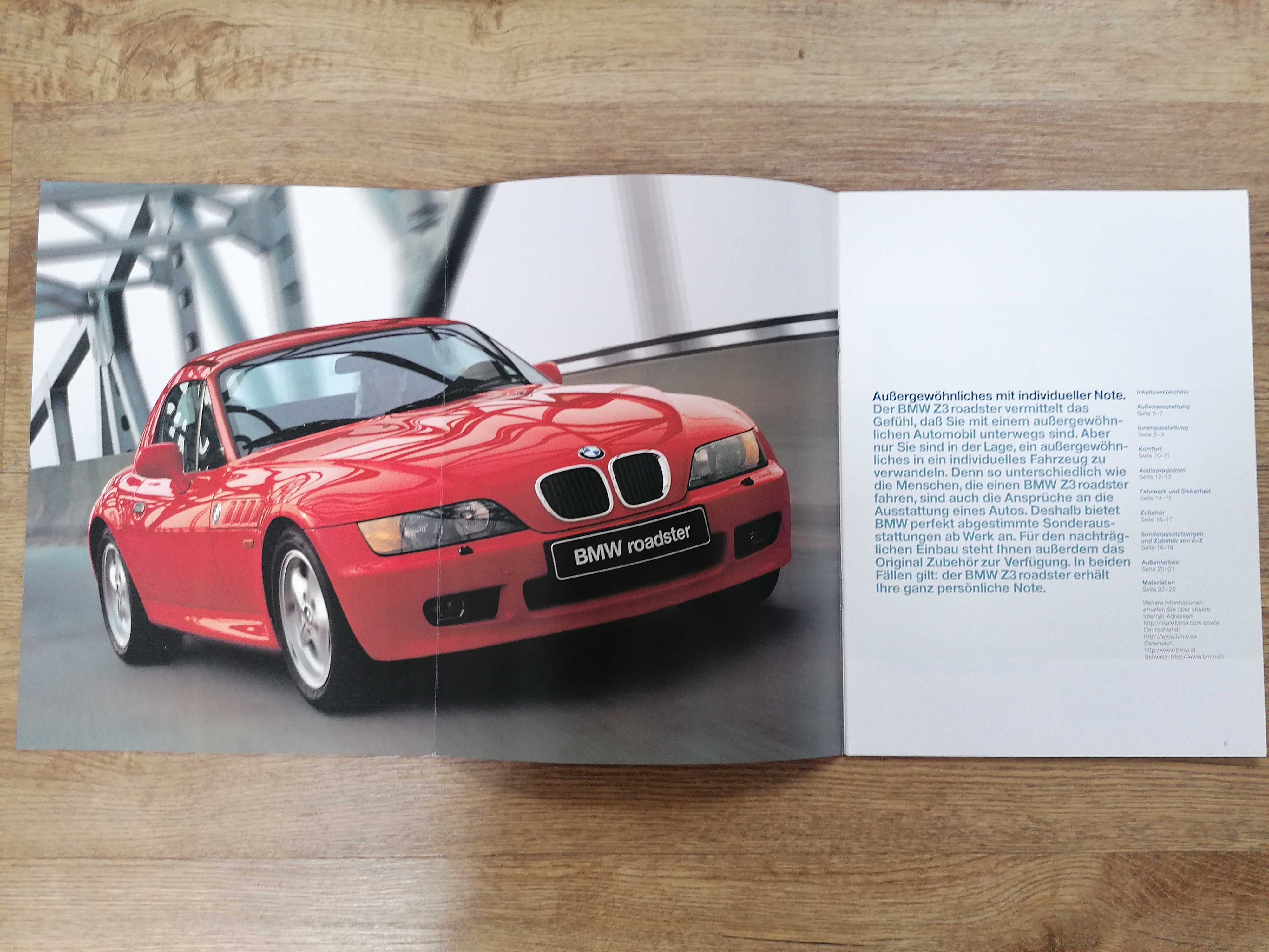 Prospekt BMW Z3 wyposażenie dodatkowe i paleta kolorów.