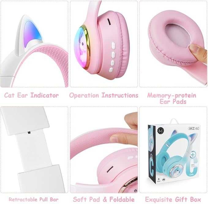 Słuchawki bezprzewodowe dla dzieci, typu „kocie uszy” Bluetooth