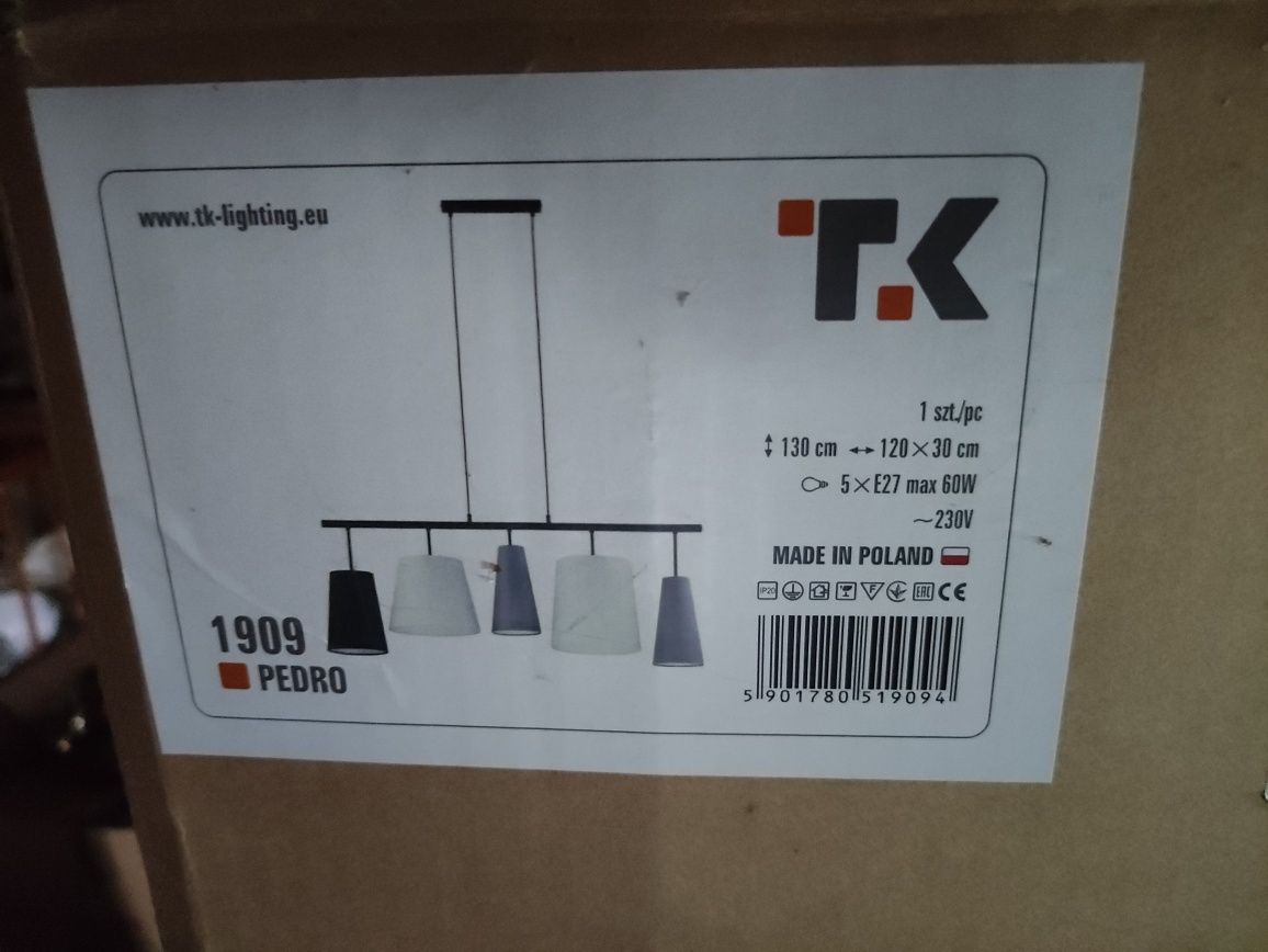 Lampa wisząca żyrandol TK Lighting Pedro 5xE27 NOWA czarny biały Szary