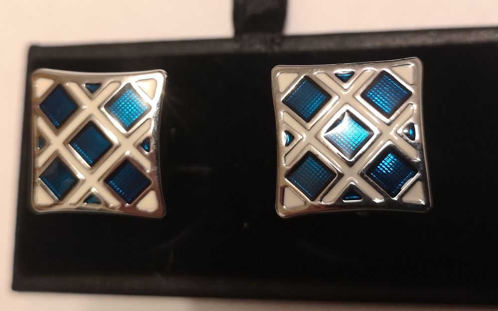 Spinki do mankietów koszuli kwadratowe krata niebiesko srebrnego